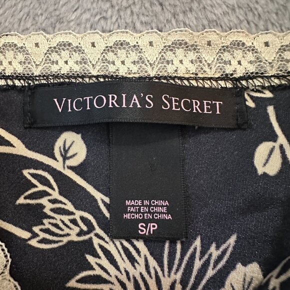 Victoria's Secret Tie Front Open Nightie Lingerie SMALL Black Tan Floral Silky - Picture 3 of 5